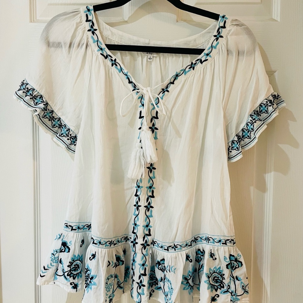 Crown & Ivy Embroidered Tassel Top